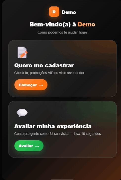 Tela do totem OHLead — hub com cadastro e avaliação